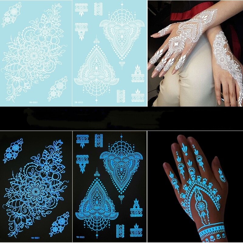 Collage of henna tattoo designs on hands and skin with blue and white patterns.